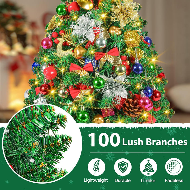 2FT Mini Christmas Tree, Tabletop Artificial Christmas Tree, 100 Lifelike Branches, 60 LED Lights, 80 Ornaments, 24 Inches Small Christmas Tree, Prelit Xmas Tree for Holiday Indoor DIY Decor