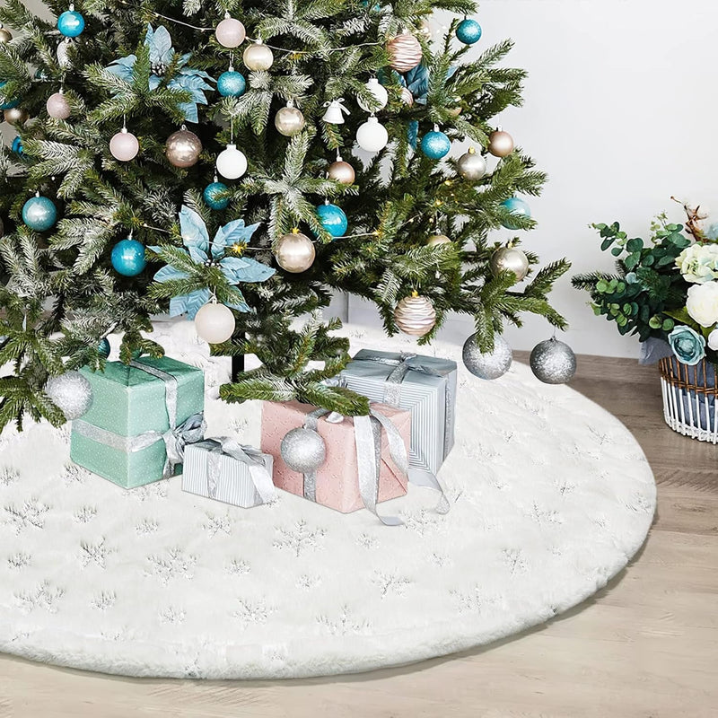 Dremisland Christmas Tree Skirt 36" Large White&Gold Luxury Faux Fur Tree Skirt with Snowflakes Super Soft Thick Plush Tree Skirt for Xmas Tree Decoration (Golden, 36Inch/90Cm)