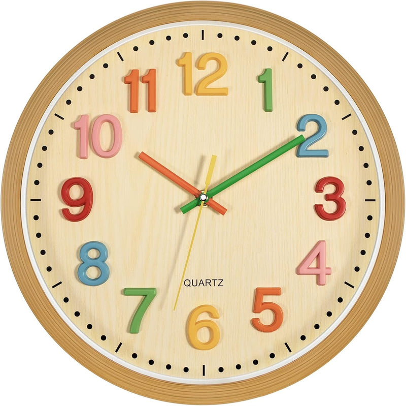 Foxtop Silent Kids Wall Clock 12 Inch Non-Ticking Battery Operated Colorful Childrens Clock for Classroom Playroom Nursery Bedrooms Kids Room School