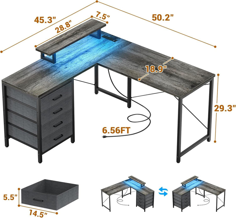 Homieasy L Shaped Desk with Drawers & Power Outlets, Reversible Computer Desk with LED Light and Monitor Stand, 50 Inch Home Office Gaming Work Study Desk with 4 Storage Drawers, Black Oak