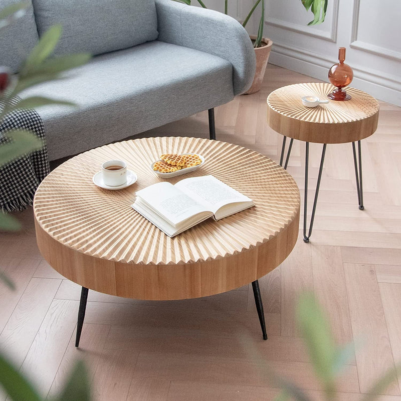 2-Piece Modern Farmhouse Coffee, Nesting round Natural Finish with Handcrafted Wood Radial Pattern Living Room Table Sets, 31.5D X 31.5W X 14.2H