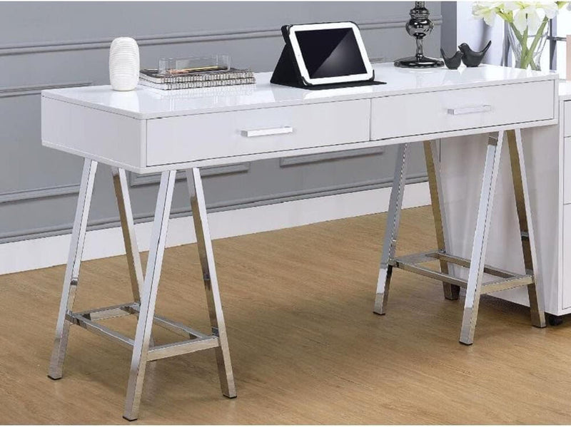 Desk in White High Gloss Chrome for Office Study Bedroom Modern Contemporary Rectangular Wood Finish Drawers