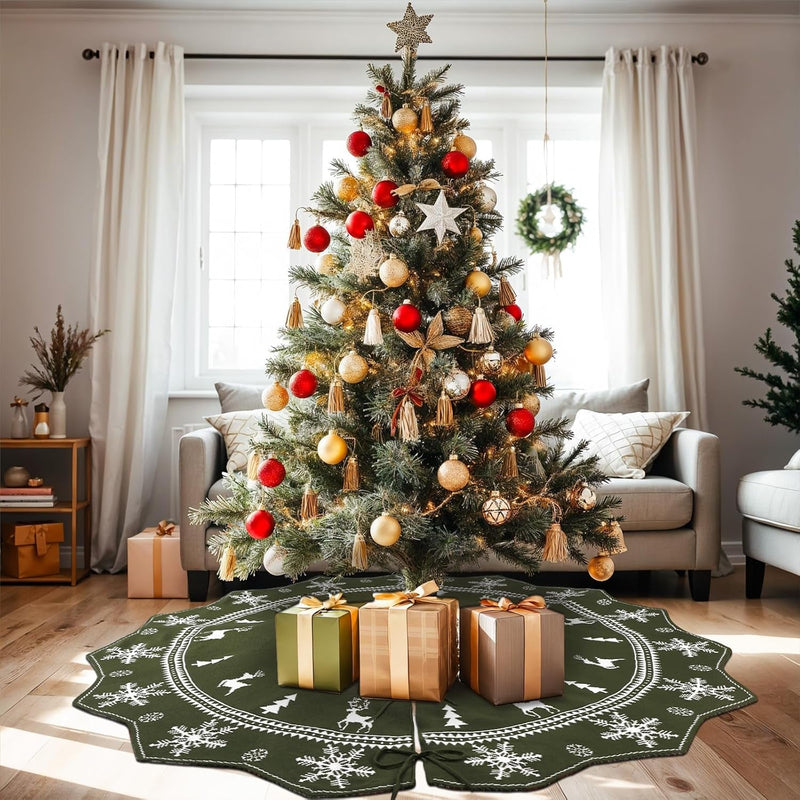 Christmas Tree Skirt 60 Inches, Knit Tree Skirt for 7Ft Tree to 9Ft Tree, Double-Sided Green and White Knitted Xmas Tree Skirt for Indoor Holiday Party Farmhouse Christmas Tree Decorations