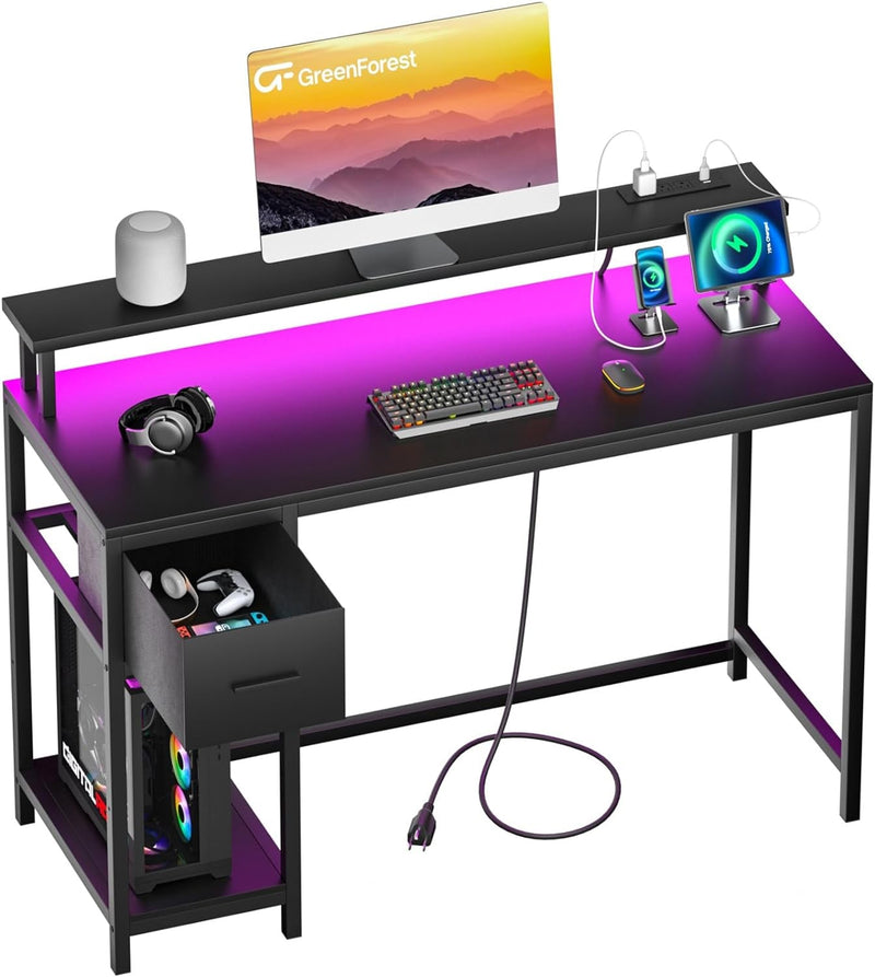 Greenforest Computer Desk with Drawers 39 Inch,Gaming Desk with LED Lights & Power Outlets Small Desk with Monitor Stand and Reversible Shelf,Black