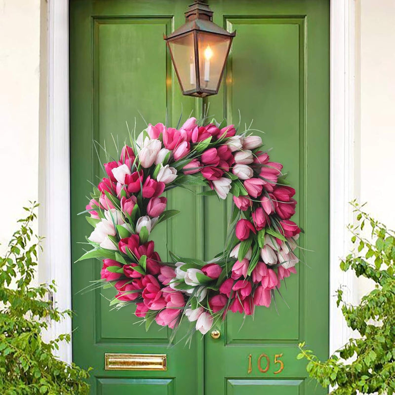 19.7 Inches Artificial Tulip Flower Wreaths Pink Tulip Front Door Wreath Fake Flower Wreaths for Spring, Summer, Winter, Home, Wedding, 210106QY01-31-1716178281