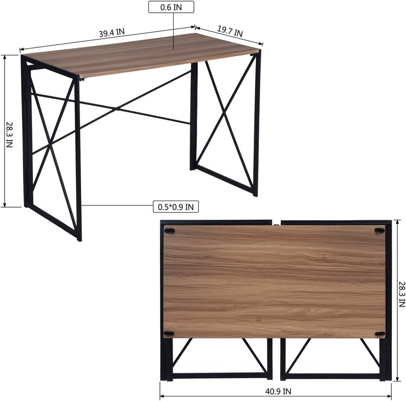 Furniturer 39.4'' Folding Laptop Assembly Foldable Tables for Students with Walnut Desktop and Black Frame for Home Office Study Living Room Computer Desk