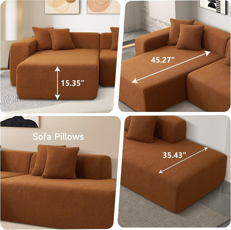 105'' Modular Sectional Couch, Modern L-Shape Sectional Sofa with Chaise Lounge, Comfy Lambswool Fabric Corner Sofa Couch, Upholstered 4 Seater Couch for Living Room, Bedroom, Apartment,Orange