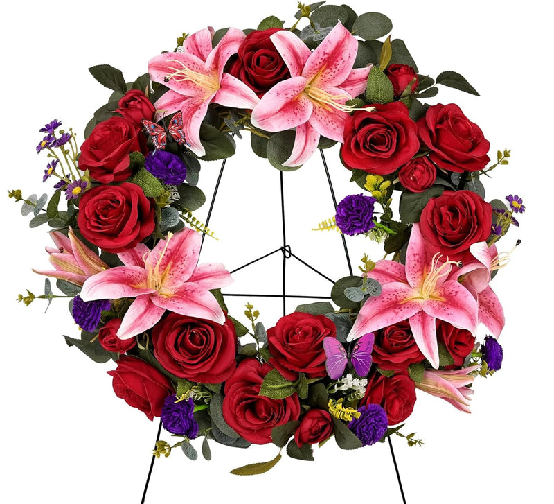 Cemetery Wreaths for Graves with 30 Inch Easel Stand,Handmade Headstone Wreath Flower with Hanger, Artificial Rose Lily Daisy and Carnation,Red/Pink