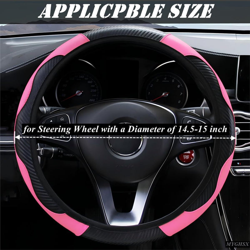 Car Steering Wheel Cover, Universal Microfiber Leather Elastic Carbon Fiber 15 Inch Breathable Anti-Slip Steering Wheel Protector for Men Women,Pink