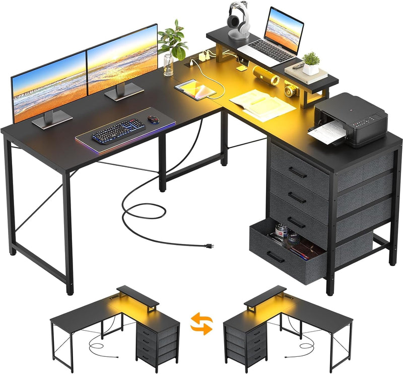 Homieasy L Shaped Desk with Drawers & Power Outlets, Reversible Computer Desk with LED Light and Monitor Stand, 50 Inch Home Office Gaming Work Study Desk with 4 Storage Drawers, Black Oak