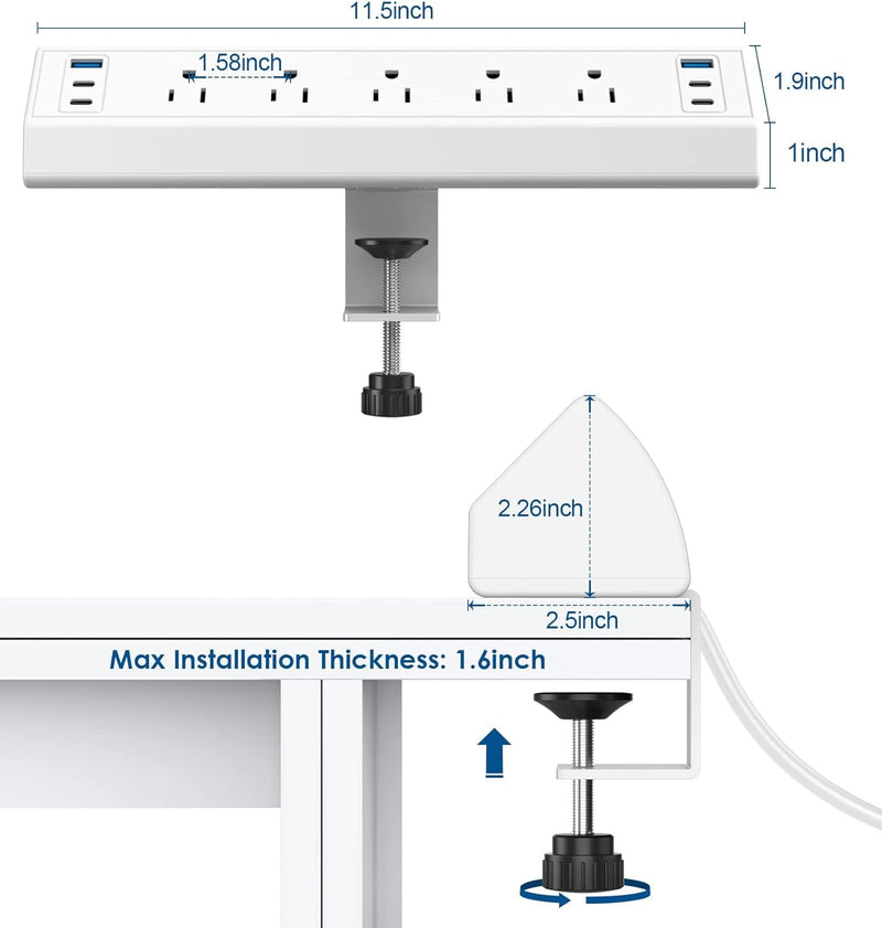 Desk Clamp Power Strip USB C,40W Total Fast Charging Station,4 PD 20W USB C Ports,Nightstand Edge Mount Power Strip with 6 USB Ports 5 AC Outlets Surge Protector,6Ft Cord,Fit 1.6" Tabletop Edge