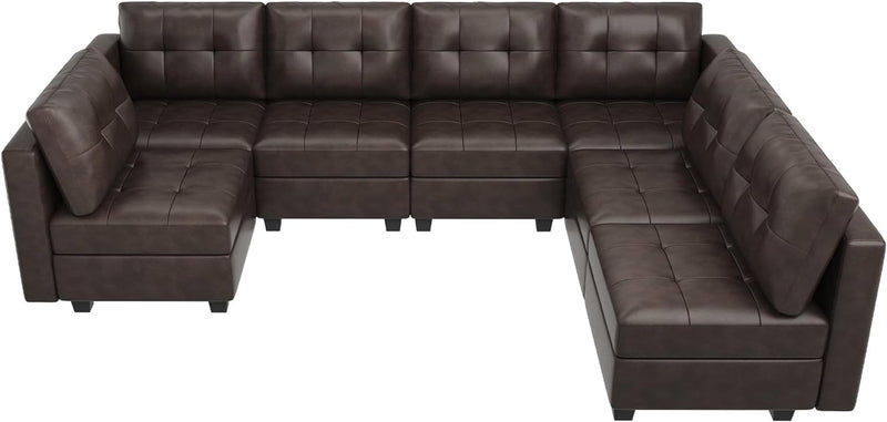 HONBAY Modular Sectional Couch with Storage Faux Leather Convertible Modular Sectional Sofa U Shaped Couch with Ottomans and Chaises Faux Leather 7-Seater Sectional Sofa for Living Room, Brown