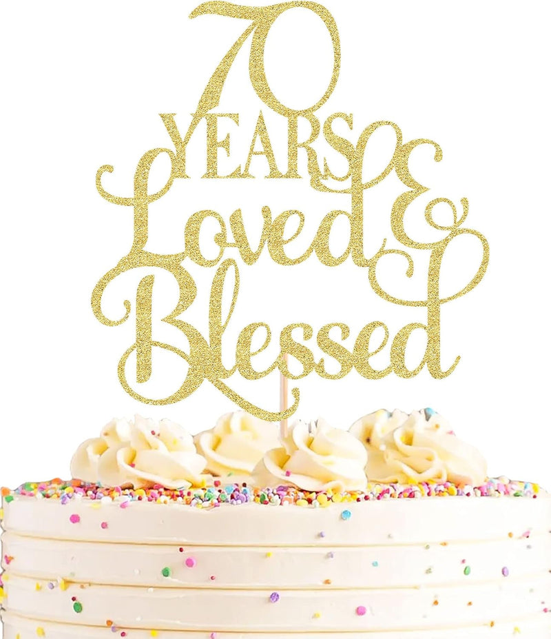 70 Years Loved Cake Topper - Gold Glitter 70Th Birthday Cake Decorating Supplies, Perfect for Wedding, Anniversary or Birthday Party Decorations, Photo Booth Props