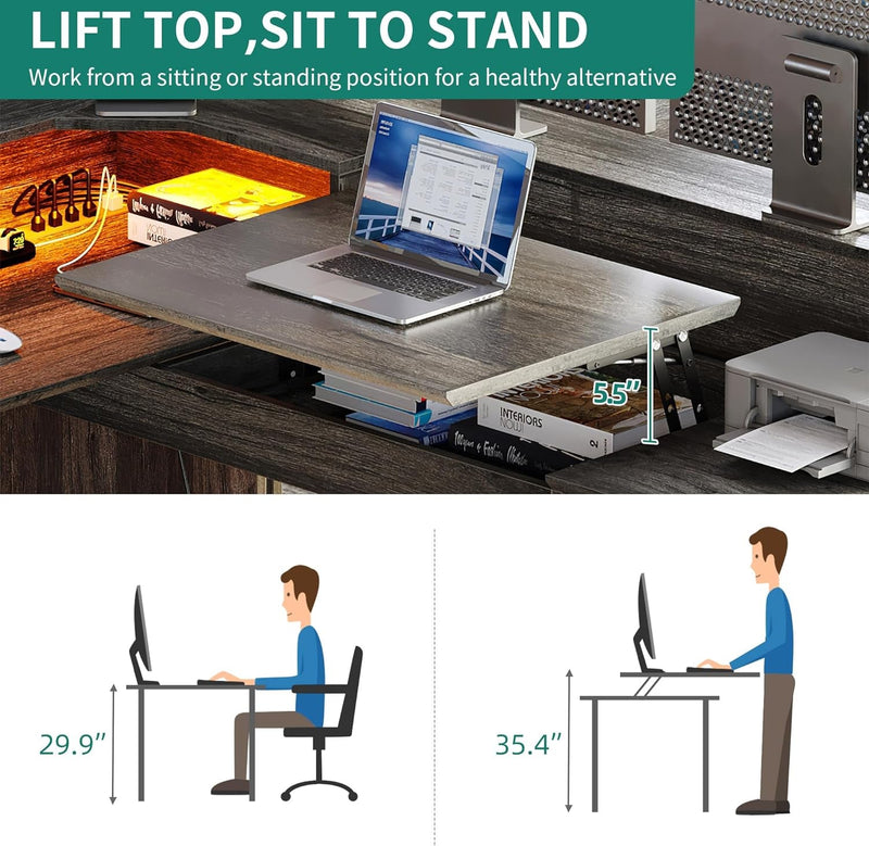 DWVO L Shaped Desk with Drawers, 60” Corner Computer Desk with Power Outlets & Lift Top, Home Office Desk with Storage Cabinet & LED Lights, Wood Desk, Height Adjustable Desk, Grey