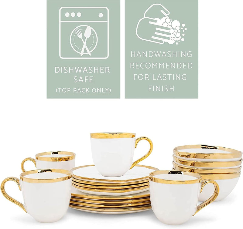 Elanze Designs 16-Piece Metallic Bubble Porcelain Ceramic Plates Bowls Mugs Dinnerware Set - Service for 4, White with Gold Accents