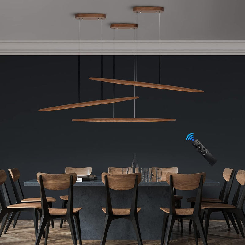 39" Wood Linear Pendant Light LED Dimmable Light Fixture Wood Linear Dinning Room Light Island Lights 24W for Dining Room Kitchen Island Pool Table Walnut Color