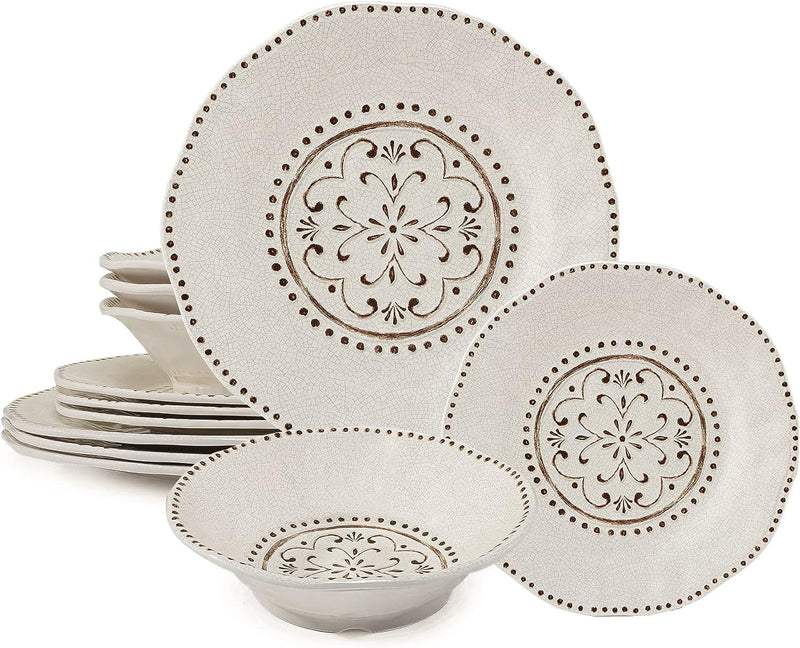Beaded Crackle 12 Piece Melamine Camping Dinnerware Set, Plates and Bowls Sets, Indoor and Outdoor Use, Break-Resistant Rustic RV Dishes Set, Service for 4(Ivory)…