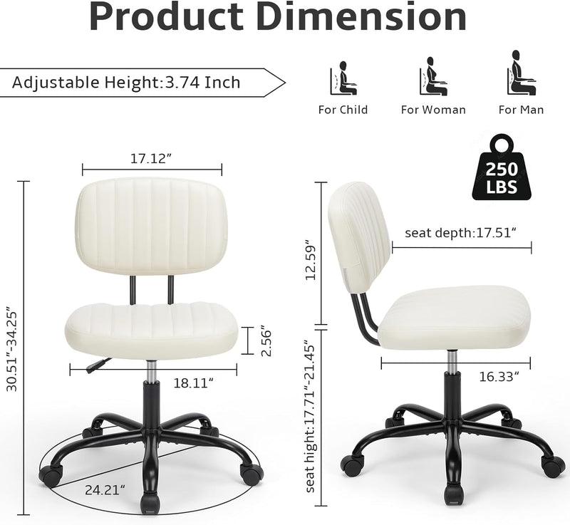 DUMOS Armless Home Office Chair Ergonomic Desk with Comfy Low Back Lumbar Support, Height Adjustable PU Leather Computer Task with 360° Swivel Wheels, for Small Space, Kids and Adults, Beige White