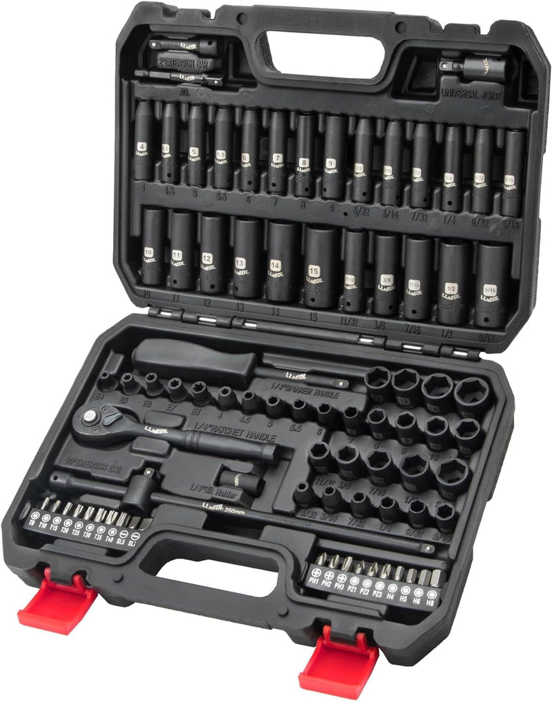 1/4 Inch Drive Impact Socket Set, 83Pcs Socket Wrench Set Metric & SAE from 4-15Mm, 5/32-9/16", 6 Point CR-V Deep & Shallow Sockets Kit with 72T Ratchet Handle, E Torx, for Automotive & Home