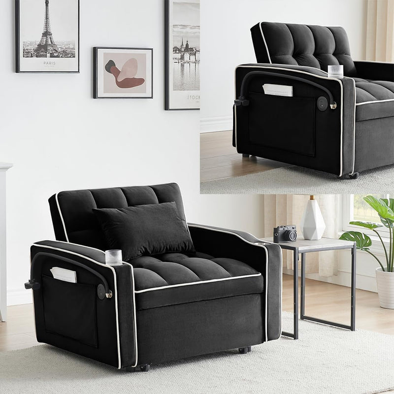 3 in 1 Convertible Sleeper Chair, Modern Pull Out Couch Bed Single Recliner with Adjustable Back, Velvet Futon Folding Sofa Bed Chair for Living Room Bedroom Small Spaces (Black)