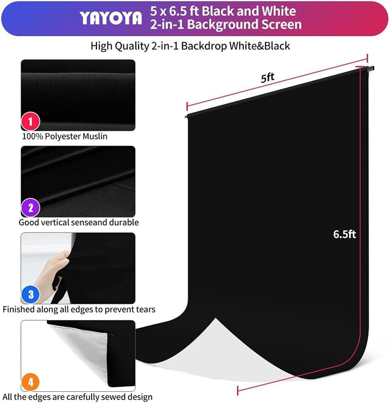 Black White Backdrop Screen with Stand Kit 5X6.5Ft for Photo Video Studio, 2-In-1 Revisible Black Backdrop White Screen with T-Shaped Photography Background Support Stand and 5 Backdrop Clamps