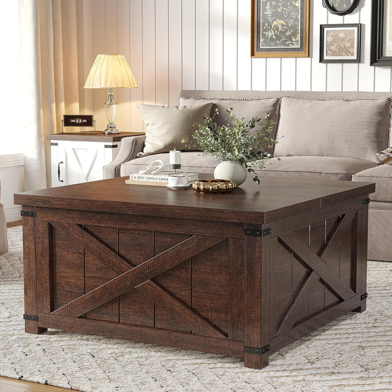 Enhomee 35.6" W Farmhouse Coffee Table with Large Hidden Storage Compartment Lift Top Coffee Table Wood Square Coffee Table for Living Room Center Table for Home, Brown