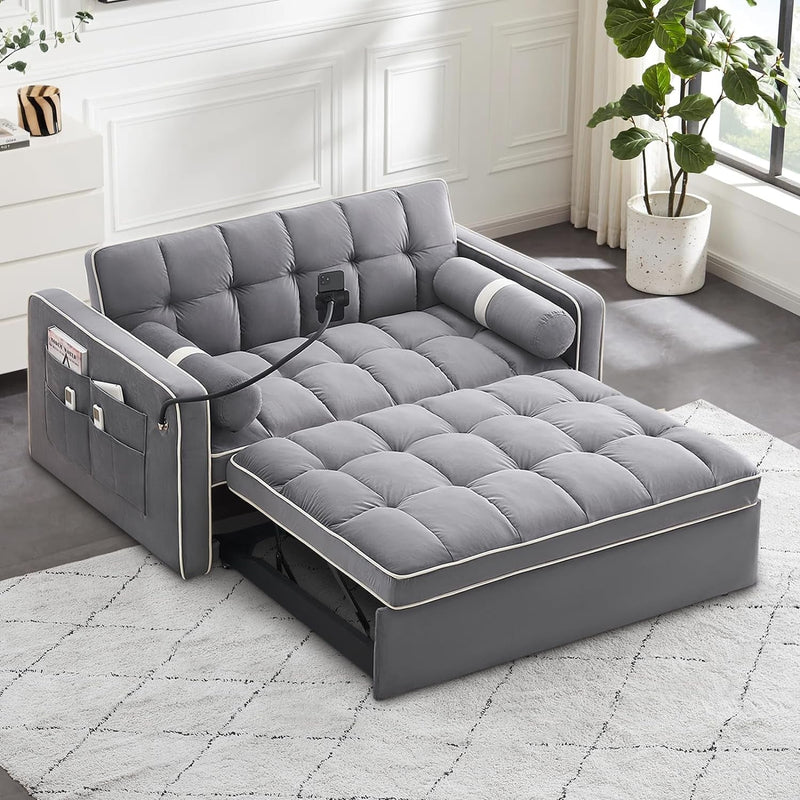 Antetek Upgraded Sleeper Sofa Couch Bed with Phone Holder, 3 in 1 Small Modern Convertible Velvet Loveseat Futon Sofa W/Pullout Bed, Adjustable Backrest for Living Room Apartment, Small Space, Grey