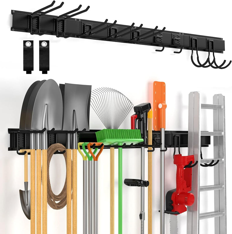 Garage Tool Organizer Wall Mount 11 PCS, Yard Garden Tool Organizer, Adjustable Garage Organizers with 8 Heavy Duty Hooks, Max Load 500Lbs Garage Storage for Garden Tools, Shovels, Trimmers, Hoses