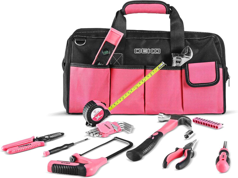 DEKOPRO Pink Tool Set for Women Ladies Girls, 226-Piece Household Hand Tool Kit with Wide Mouth Open Storage Tool Bag for DIY, Home and Equipment Maintenance