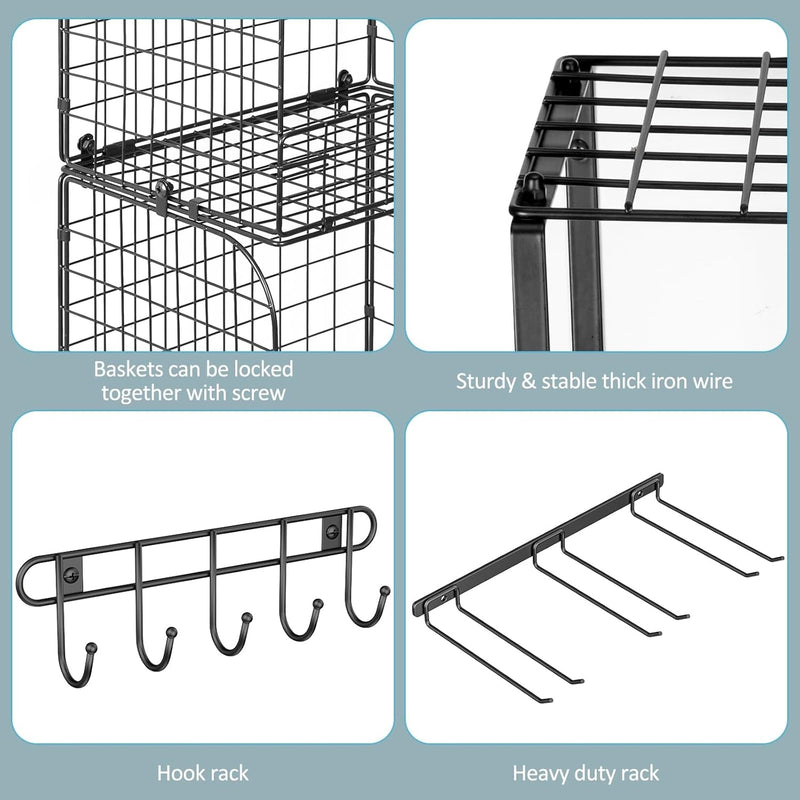 Garage Shelf Wall Mounted with Wire Baskets, Heavy Duty Garage Wall Shelving with Garden Tool Rack and Hooks, Wire Shelf Baskets Tool Organizer for Home Garden Garage Organization and Storage