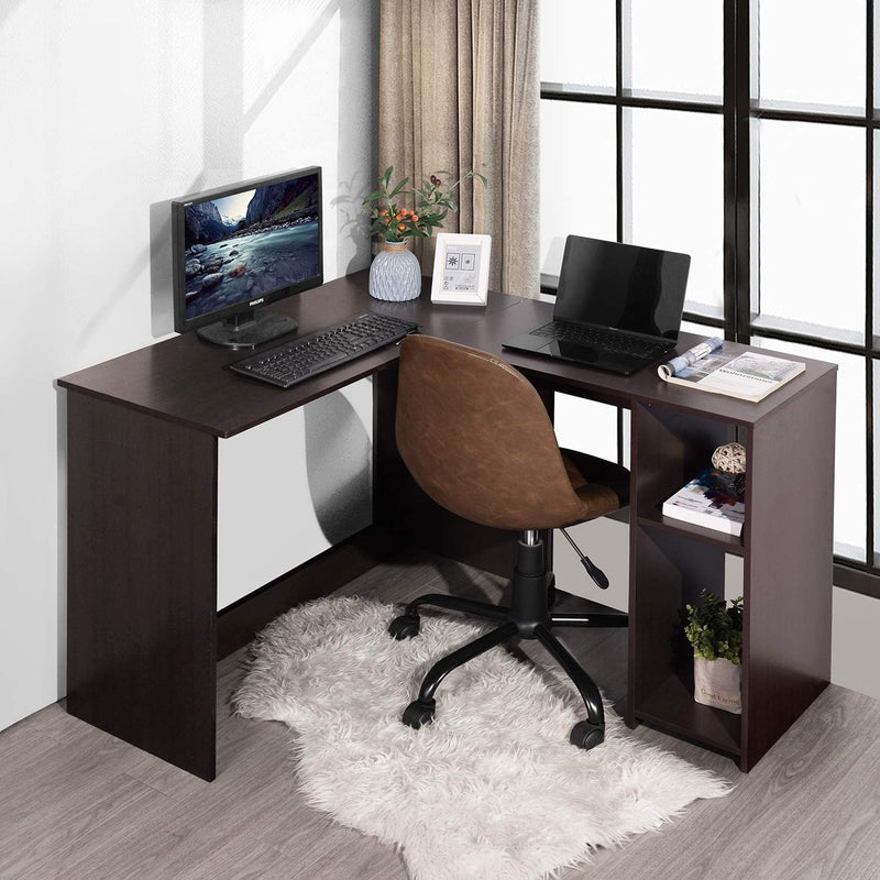 Furniturer 47.2-Inch L-Shaped Computer Desk, Home Office Study Writing Corner Gaming Table, Retro Design Work Station Space-Saving for Study Room Bedroom, Brown