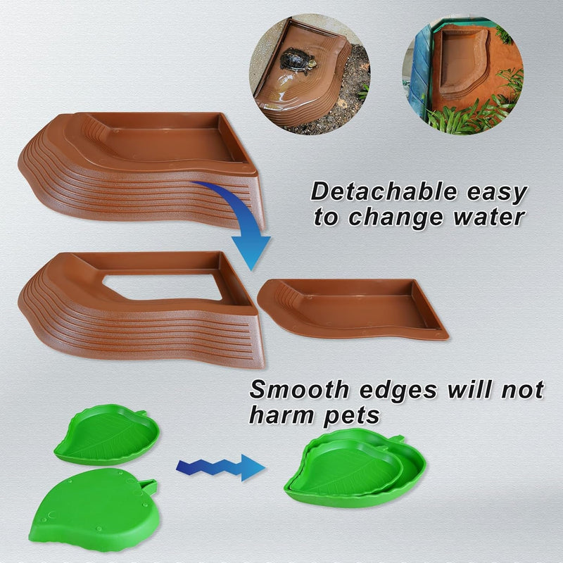 3PCS Tortoise Water Bowl Tortoise Bathing Pool with Ramp Leaf Tortoise Food Water Bowls Reptile Food Water Bowls Turtle Pool Reptile Bathing Pool Aquarium Ornament for Gecko, Snake, Turtle