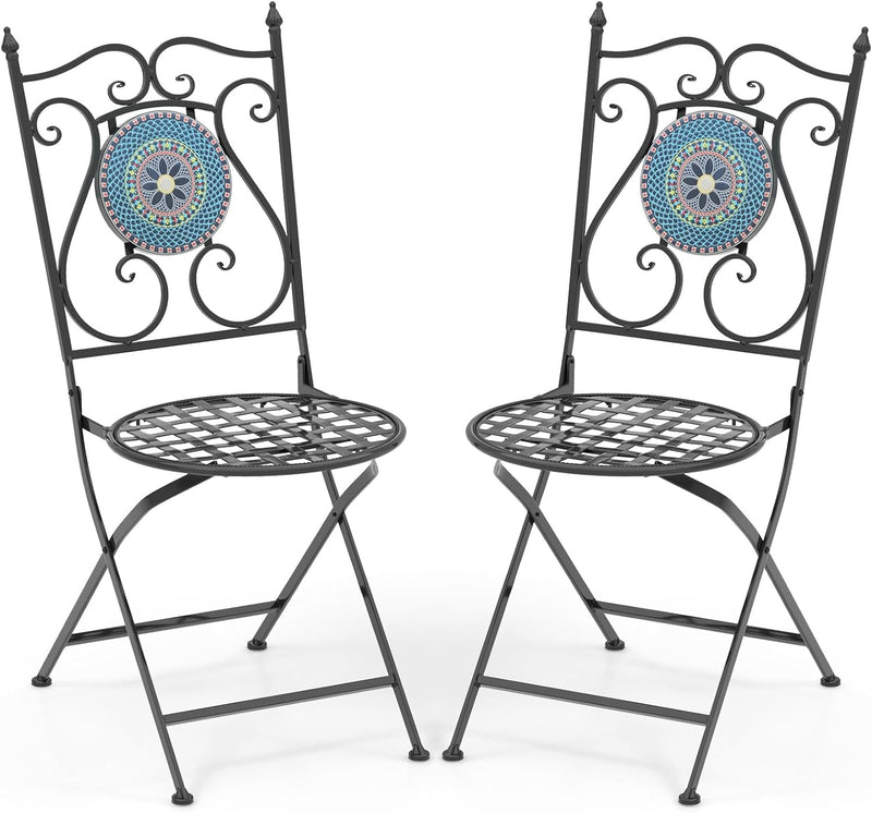 Giantex Set of 2 Patio Folding Chairs, Mosaic Bistro Chairs W/Backrest & round Seat, Heavy-Duty Metal Frame, 330Lbs Capacity, Outdoor Chairs for Porch Balcony Lawn