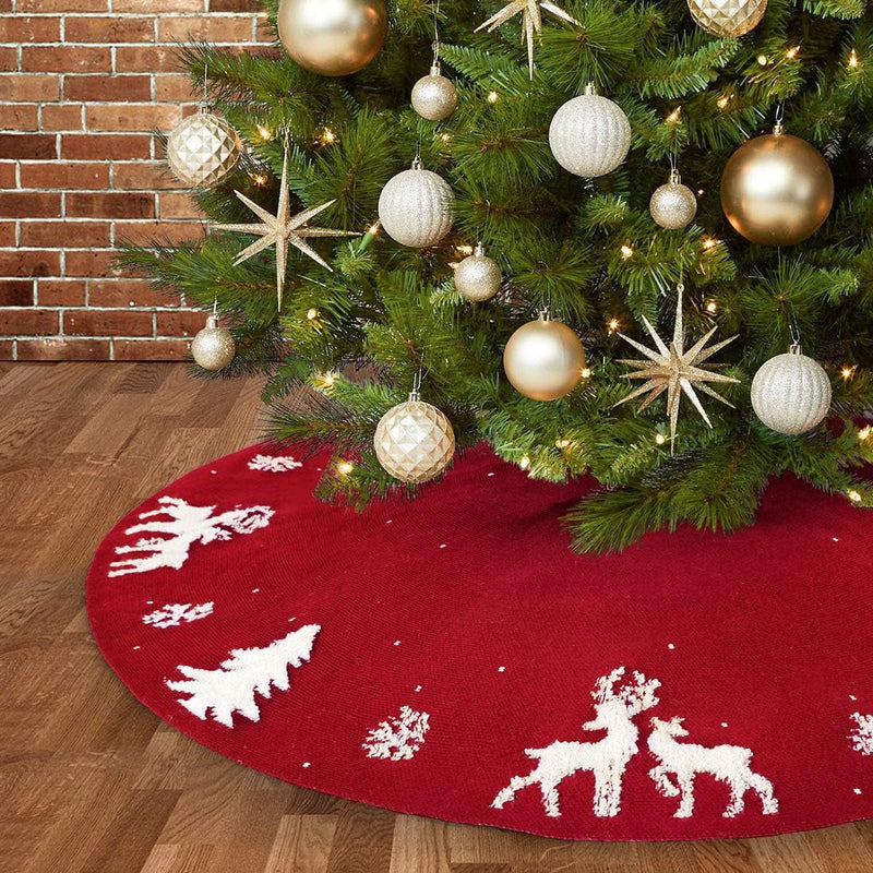 Dremisland Christmas Tree Skirt, Cable Knit Knitted Thick Rustic Tree Skirt for Xmas Holiday Decoration- 3D Elk and Christmas Tree (36Inch/90Cm, Beige)