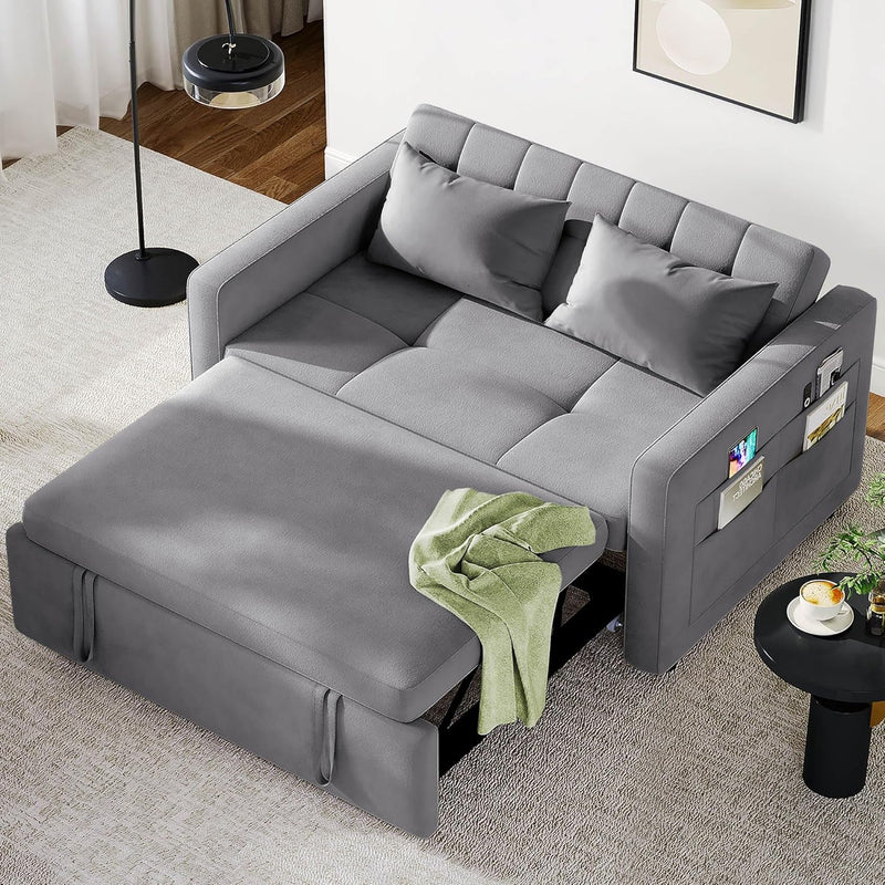 DWVO 55" Cat-Scratch-Proof Fabric Sofa Bed, 3-In-1 Sleeper Sofa with Pull-Out Bed, Convetible Futon Couch with Adjustable Backrest and Side Pocket, Loveseat for Living Room Apartment, Grey, Full Size