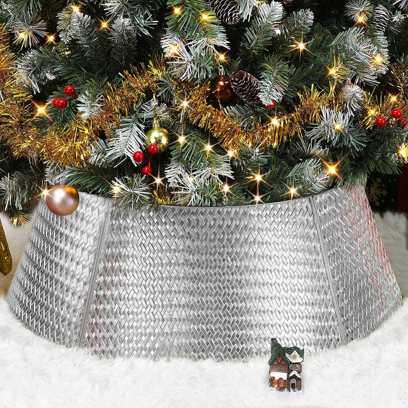 Christmas Tree Collar, 28” Metal Tree Skirt with Woven Pattern, Plating Gold Tree Collar for Real & Artificial Christmas Trees 5-Panel, Xmas Tree Base Cover for Holiday Decor (Shiny Gold)