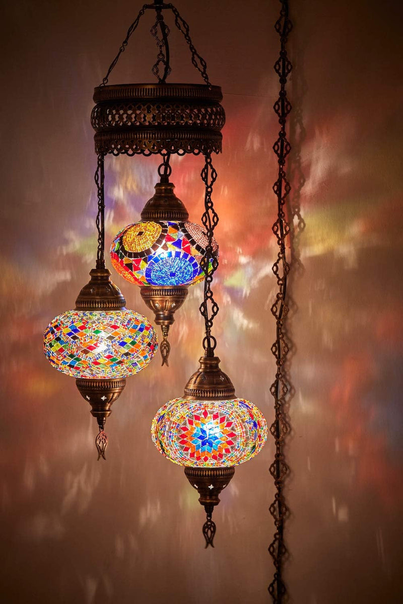 DEMMEX Turkish Moroccan Mosaic Swag Plug in Chandelier Light Ceiling Hanging Lamp Pendant Light Fixture, 3 Big Globes (3 X 7 Globes Swag Plug In)