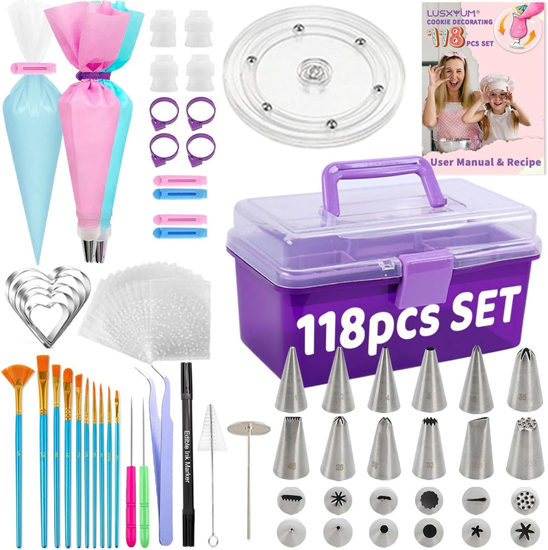 Cookie Decorating Kit 118Pcs with Storage Case, Royal Sugar Piping Bags and Tips Icing Supplies Set, Turntable Scribe Decoration Tools for Kids & Cookie Holiday Christmas Valentine