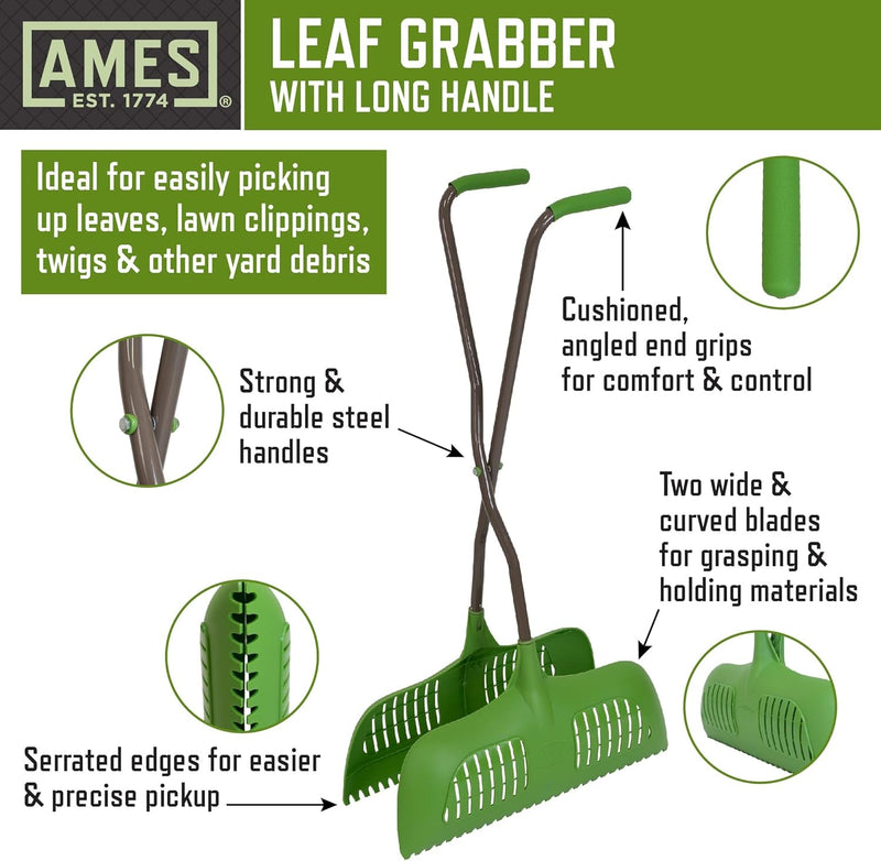 AMES Leaf Grabber Rake with Long Handle & Cushioned Grip for Leaves, Lawn Clippings, Twigs, Yard Waste