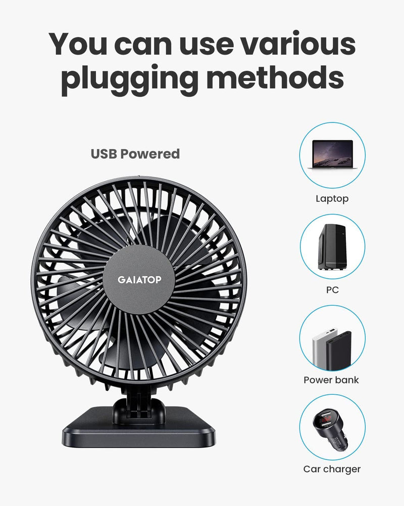 Gaiatop USB Desk Fan, Small but Powerful, Portable Quiet 3 Speeds Wind Desktop Personal Fan, Adjustment Mini Fan Table Fan for Better Cooling, Home Office Car Indoor Outdoor(Black)