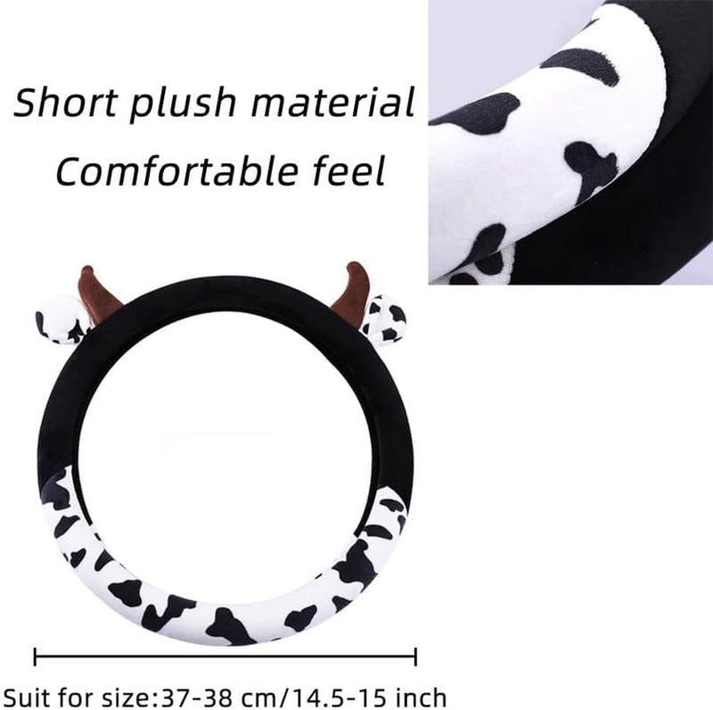 Cow Print Steering Wheel Cover, Universal 14.5 to 15 Inch anti Slip and Sweat Absorption Comfortable Auto Steering Wheel Cover, Cute Cow Car Accessories with Cow Ear Horn Design