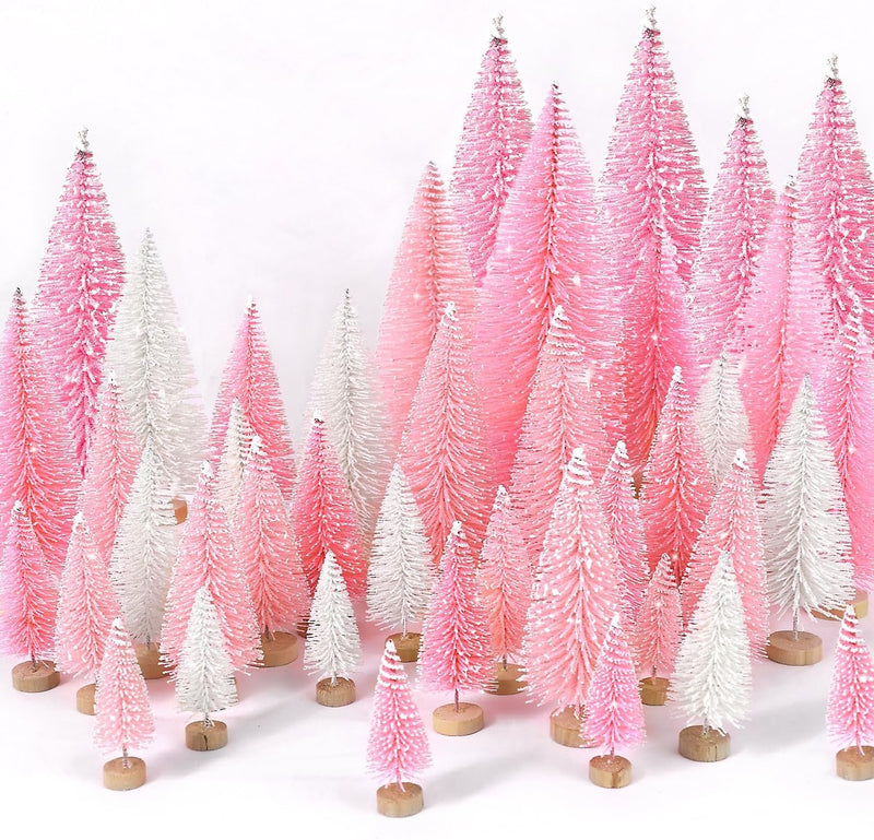 30Pcs Mini Christmas Trees Artificial Christmas Tree Bottle Brush Trees with Wooden Base for Christmas Decor Christmas Party Home Table Craft Decorations(Green+Silver+White)