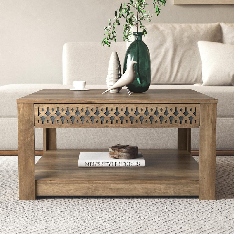 Galano Japtur Coffee Table, Modern Top Rectangular Coffee Table with Storage Drawer, 2 Tier Center Table for Living Room, Office, Balcony, 31.5" D X 31.5" W X 16.34" H, Knotty Oak