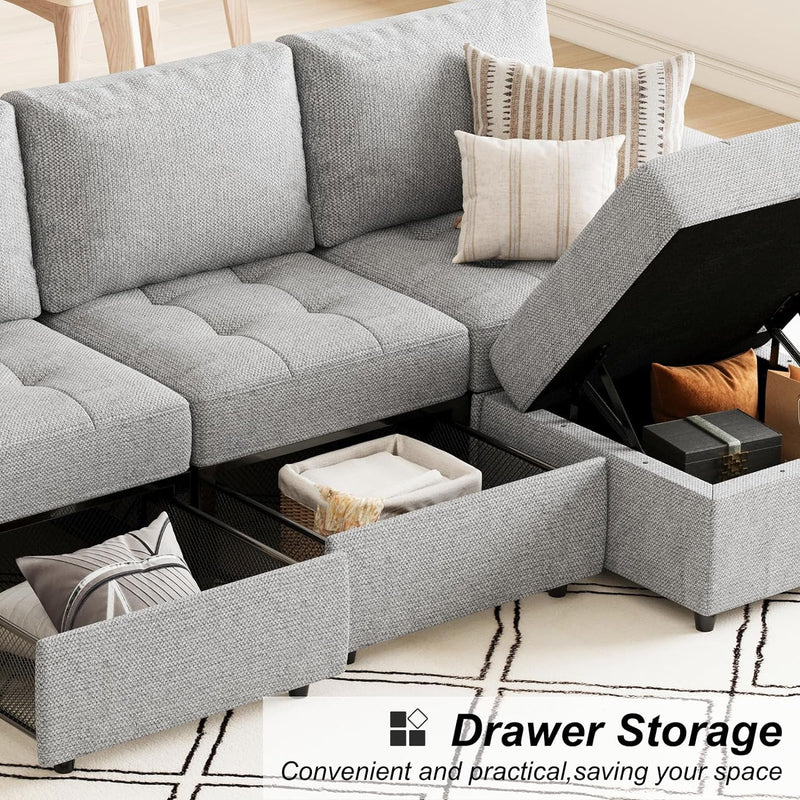 Belffin Modular Sectional Sofa Couch with Ottoman Morden Fabric Convertible Pull Out Couch with Reversible Chaise and Storage Drawers 3-Seat Sofa Sectionals L Shaped Couch for Apartment Light Grey