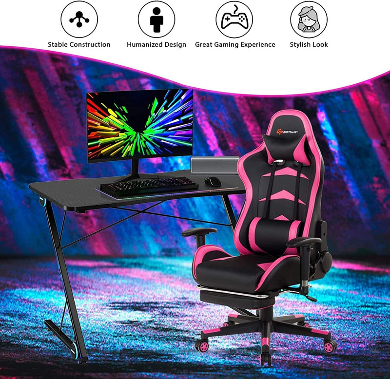 Ergonomic Racing Computer PC Table with 4 LED Lights & Large Desktop, Home Office Z-Shaped Writing Workstation Gamer Teens Adults Gaming Desk, Black