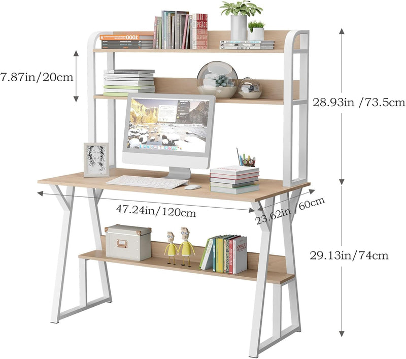 Computer Desk with Hutch 47”Writing Desk with Bookshelf Office Writing Computer Desk with Space Saving Storage Shelves