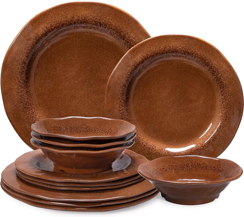 Brown Dishes Melamine Dinnerware Sets, 12 Piece Plates and Bowls Sets for 4, Unbreakable Outdoor Dishes Dinnerware Sets for Picnic, Camping and Eentertaining Dishes Set Service for 4
