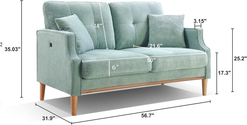 56.7" Loveseat Sofa Couch with 2 Pillows, USB Charge Port and Solid Wood Frame and Legs, Waterproof Fabric Loveseats with Thickness Seat and Back Cushion for Small Aparment (Aqua)