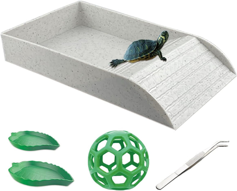 5 Pcs Tortoise Water Dish Set,Tortoise Water Dish with Ramp and Turtle Water Bowl,Turtle Feeder Ball,Scrub Brush,Amphibian Reptile Water Bowl Turtle Pool Suitable for Turtles,Lizards (Brown)