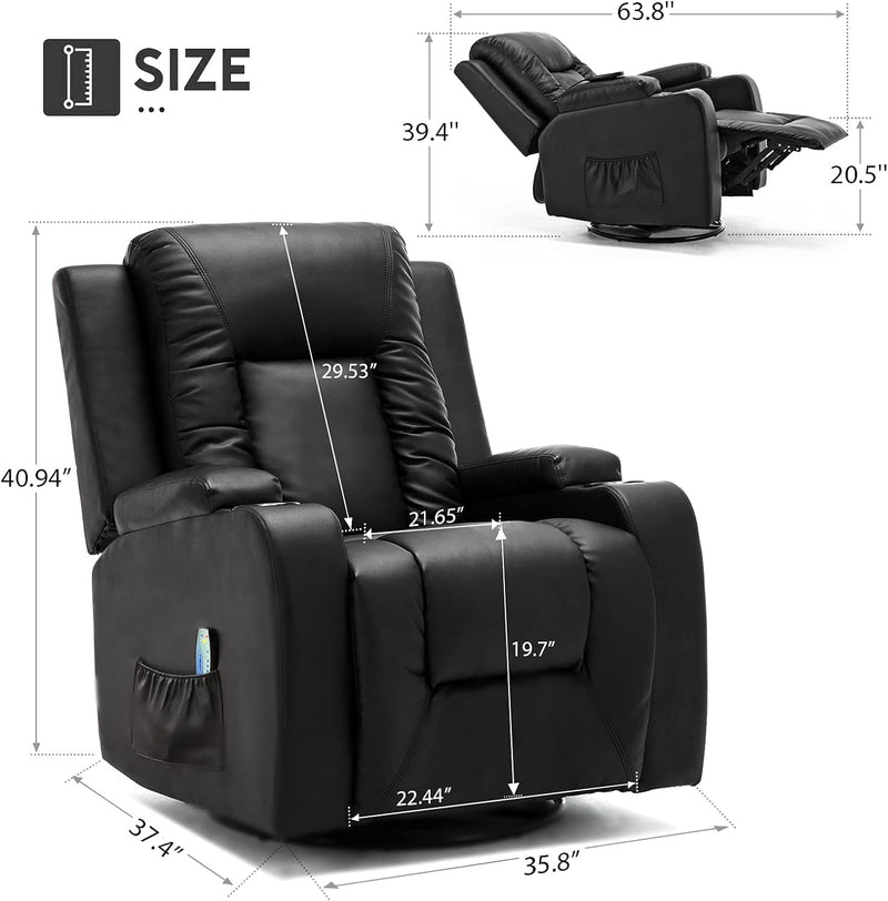 COMHOMA Leather Recliner Chair Rocker with Heated Massage Ergonomic Lounge 360 Degree Swivel Single Sofa Seat Drink Holders Living Room Chair Black